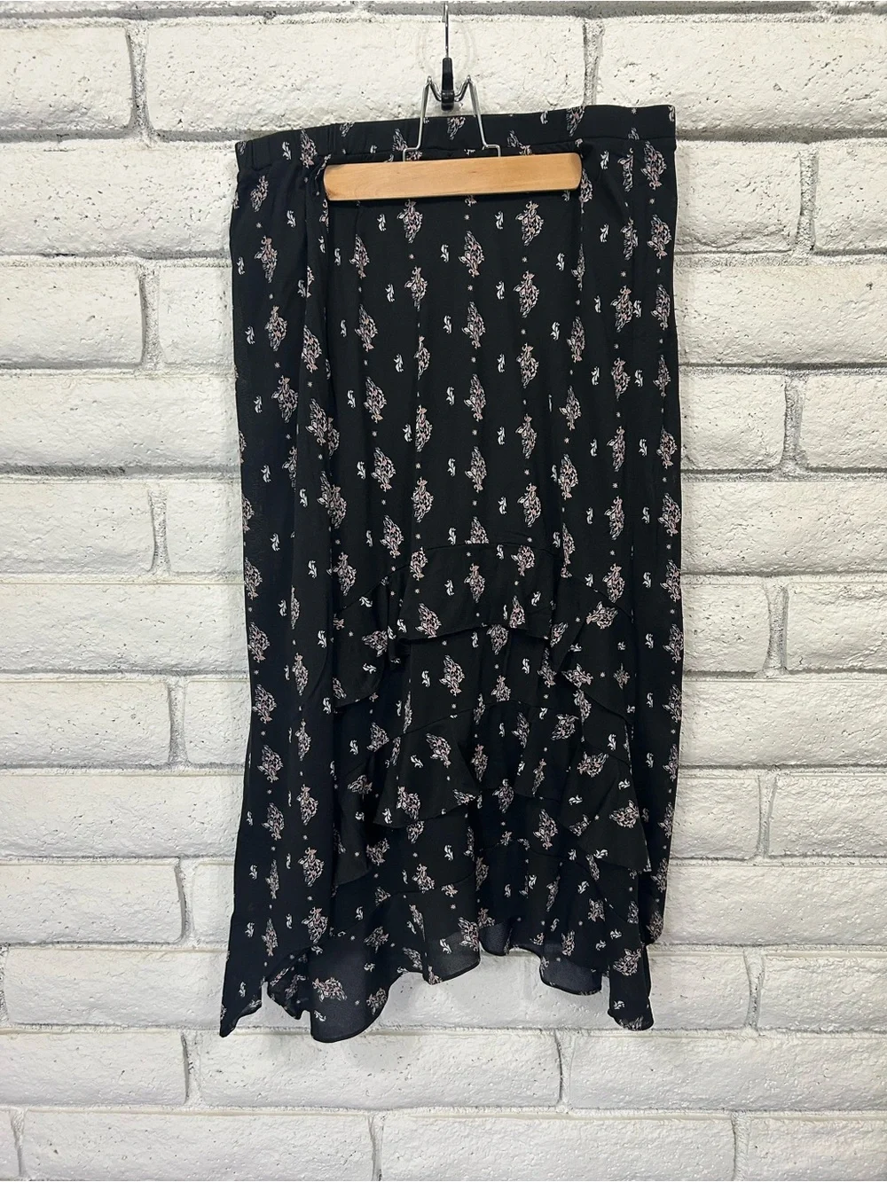 Style Co Black Boho Ruffle Midi Skirt Floral‎ Print Size Large
